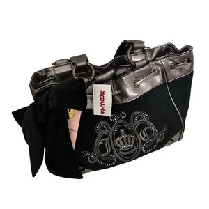 NWT Juicy Couture Black Velour Daydreamer Bag Metallic Pewter Trim